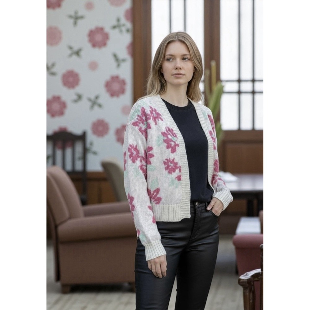 Fuzzy Floral  Knit Cardigan Sweater Cottagecore Fairy‎ Grunge Hippie Y2k 90s M